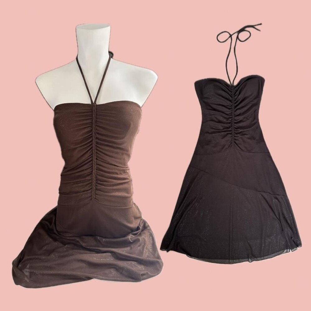 Strapless Ruched Brown Halter Prom Dress